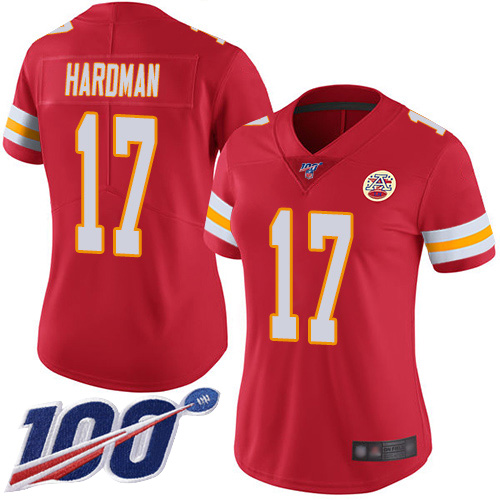 Women Kansas City Chiefs #17 Hardman Mecole Red Team Color Vapor Untouchable Limited Player 100th Season Football Nike NFL Jersey